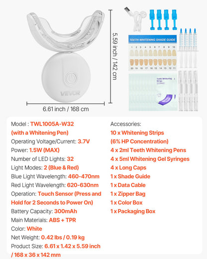 Teeth Whitening Kit with LED Light, 32 LED Accelerator Lights, Whitening Strips, Pens and Gel Syringes, U-Shaped Tray, Wireless Portable Kit Fast and Effectively Removes Stubborn Stains