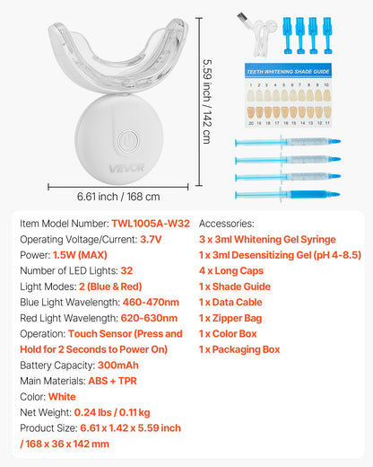 Teeth Whitening Kit with LED Light, 32 LED Accelerator Lights, Whitening Gel Syringe, Desensitizing Gel, and U-Shaped Tray, Wireless Portable Kit Fast and Effectively Removes Stubborn Stains