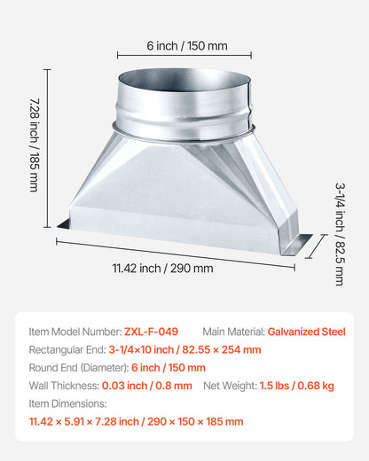 Duct Boot, 3-1/4 x 10 x 6 inch Duct End Boot, Galvanized to Round Transition Galvanized Floor Register Tool for Center Ventilation & HVAC System, Easy Installation,Silver (6 in Round Pipe)