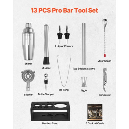 Cocktail shaker set 13 pieces bar tools stainless steel bartender kit silver | EU