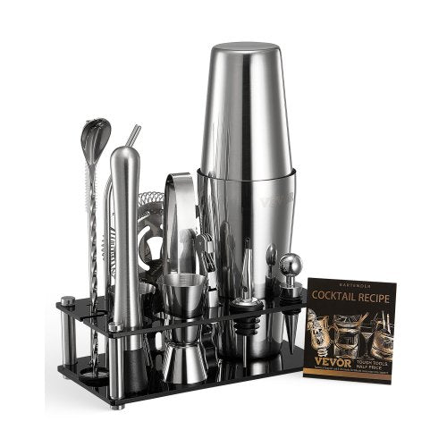 Cocktail Shaker Set, 14-Piece Stainless Steel Bar Tools with Acrylic Stand, Boston Bartender Kit Accessories | Mixer Spoon, Muddler, Jiggers, Strainer, Liquor Pourer, Ice Tong, Corkscrew, Silver