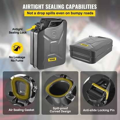 Benzinkanister, 5,3 Gallonen / 20 L tragbarer Benzinkanister mit flexiblem Ausgusssystem, rostfreier und hitzebeständiger Stahltank für PKW-LKW-Ausrüstung, schwarz