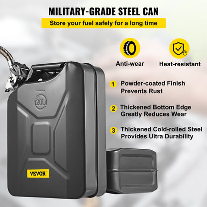 Jerry Fuel Can, 5.3 Gallon / 20 L Portable Jerry Gas Can with Flexible Spout System, Rustproof ＆ Heat-resistant Steel Fuel Tank for Cars Trucks Equipment, Black