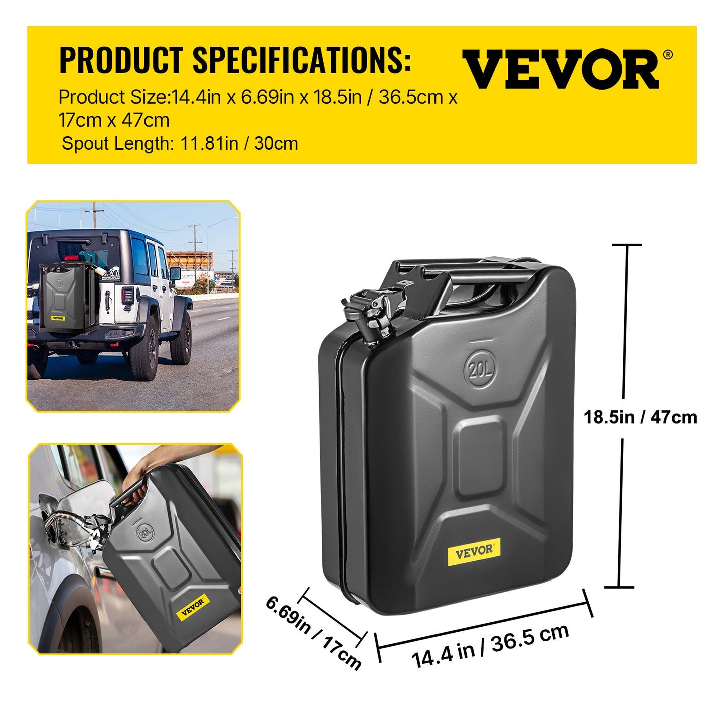 Jerry Fuel Can, 5.3 Gallon / 20 L Portable Jerry Gas Can with Flexible Spout System, Rustproof ＆ Heat-resistant Steel Fuel Tank for Cars Trucks Equipment, Black