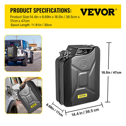 Jerry Fuel Can, 5.3 Gallon / 20 L Portable Jerry Gas Can with Flexible Spout System, Rustproof ＆ Heat-resistant Steel Fuel Tank for Cars Trucks Equipment, Black