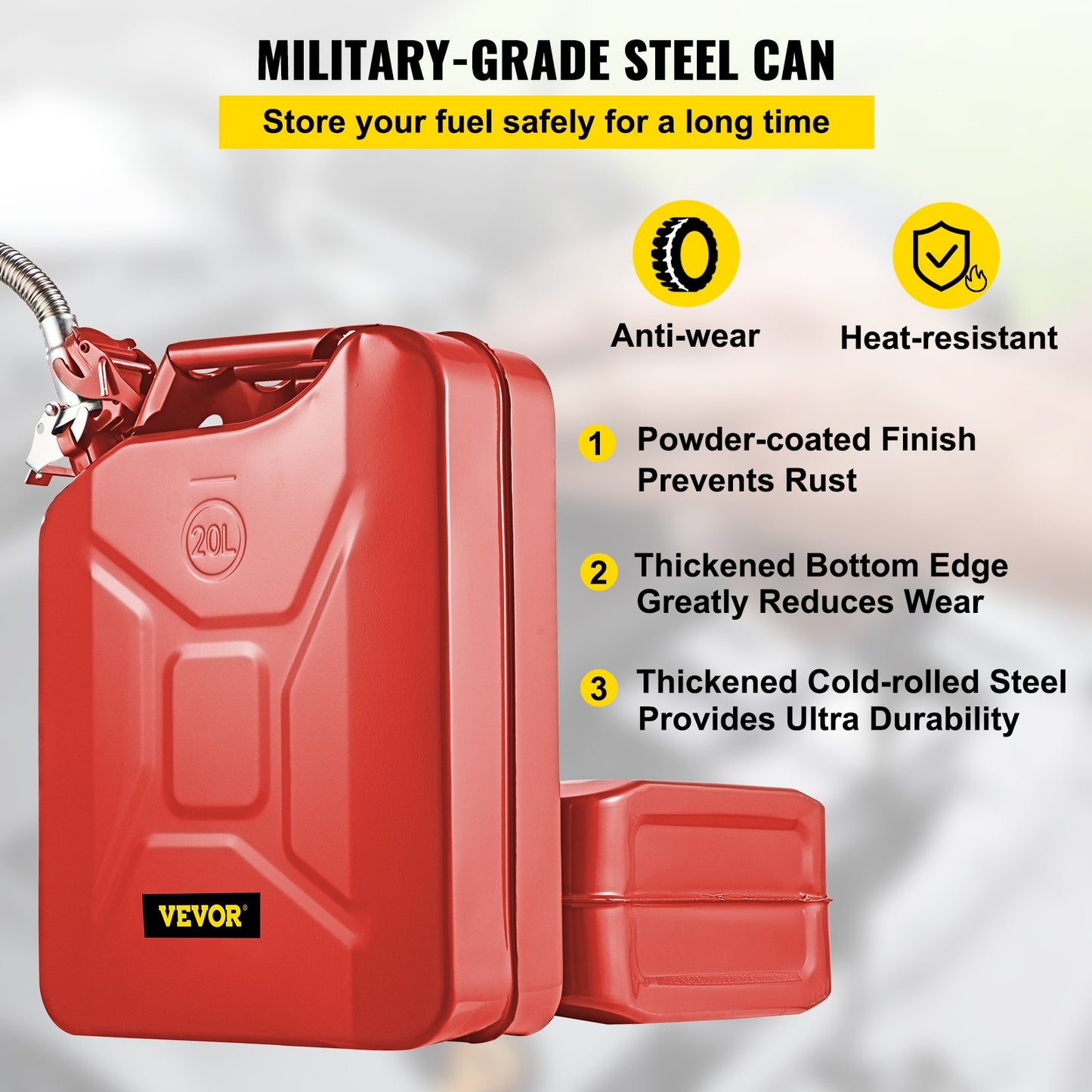 Jerry Fuel Can, 5.3 Gallon / 20 L Portable Jerry Gas Can with Flexible Spout System, Rustproof ＆ Heat-resistant Steel Fuel Tank for Cars Trucks Equipment, Red
