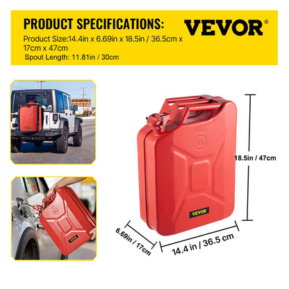 Jerry Fuel Can, 5.3 Gallon / 20 L Portable Jerry Gas Can with Flexible Spout System, Rustproof ＆ Heat-resistant Steel Fuel Tank for Cars Trucks Equipment, Red