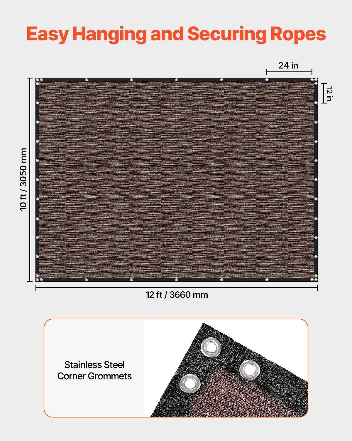 90% Sun Shade Cloth, 10 x 12 ft Pergola Shade Cover with Stainless Steel Grommets, Sun Shades Canopy Privacy Screen with 140 GSM HDPE Material, for Outdoor, Patio, Garden, and Backyard (Brown)