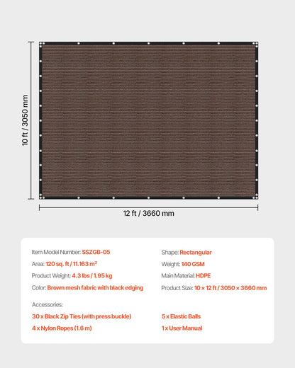 90% Sun Shade Cloth, 10 x 12 ft Pergola Shade Cover with Stainless Steel Grommets, Sun Shades Canopy Privacy Screen with 140 GSM HDPE Material, for Outdoor, Patio, Garden, and Backyard (Brown)