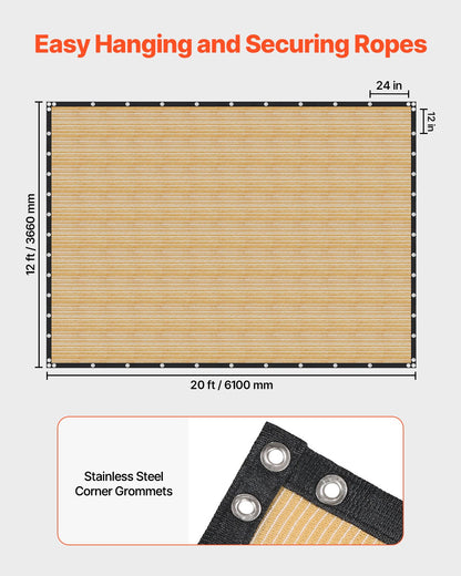 90% Sun Shade Cloth, 12 x 20 ft Pergola Shade Cover with Stainless Steel Grommets, Sun Shades Canopy Privacy Screen with 160 GSM HDPE Material, for Outdoor, Patio, Garden, and Backyard (Beige)