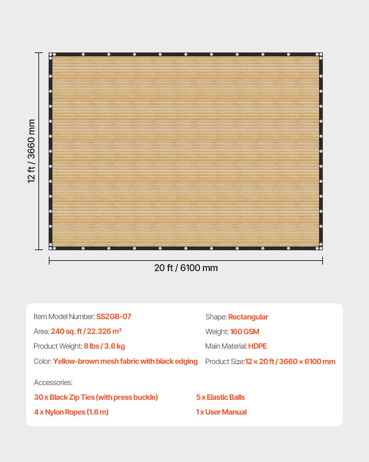 90% Sun Shade Cloth, 12 x 20 ft Pergola Shade Cover with Stainless Steel Grommets, Sun Shades Canopy Privacy Screen with 160 GSM HDPE Material, for Outdoor, Patio, Garden, and Backyard (Beige)