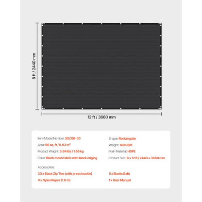 90% Sonnenschutzgewebe 2,4 x 3,6 m für Terrasse und Garten (Schwarz) | EU