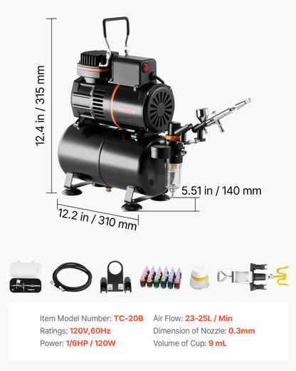 Airbrush Kit, 1/6 HP, Air Brush Kit with Air Compressor and Tank, 1 Dual-Action Professional Airbrush with 1 Tip, Hose, Acrylic Paint, 2 Fans, for Cake Decorating, Model Painting, Nail Art
