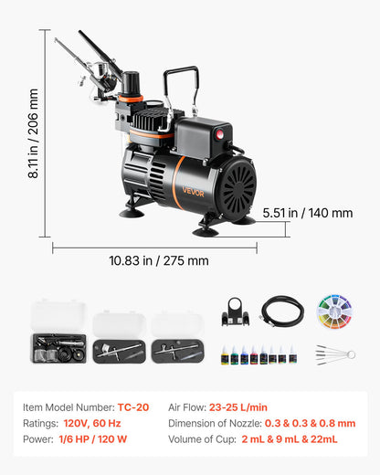 Airbrush Kit, 1/6 HP, Air Brush Kit with Air Compressor, 3 Dual-Action Professional Airbrushes with 3 Tips, Hose, Acrylic Paint, 2 Fans, Low Noise, for Cake Decorating, Model Painting, Nail Art