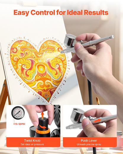 Airbrush Kit, 1/6 HP, Air Brush Kit with Air Compressor and Tank, 3 Dual-Action Professional Airbrushes with 3 Tips, Hose, Acrylic Paint, 2 Fans, for Cake Decorating, Model Painting, Nail Art