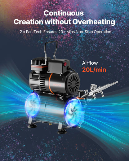 Airbrush Kit, 1/6 HP, Air Brush Kit with Air Compressor and Tank, 3 Dual-Action Professional Airbrushes with 3 Tips, Hose, Acrylic Paint, 2 Fans, for Cake Decorating, Model Painting, Nail Art