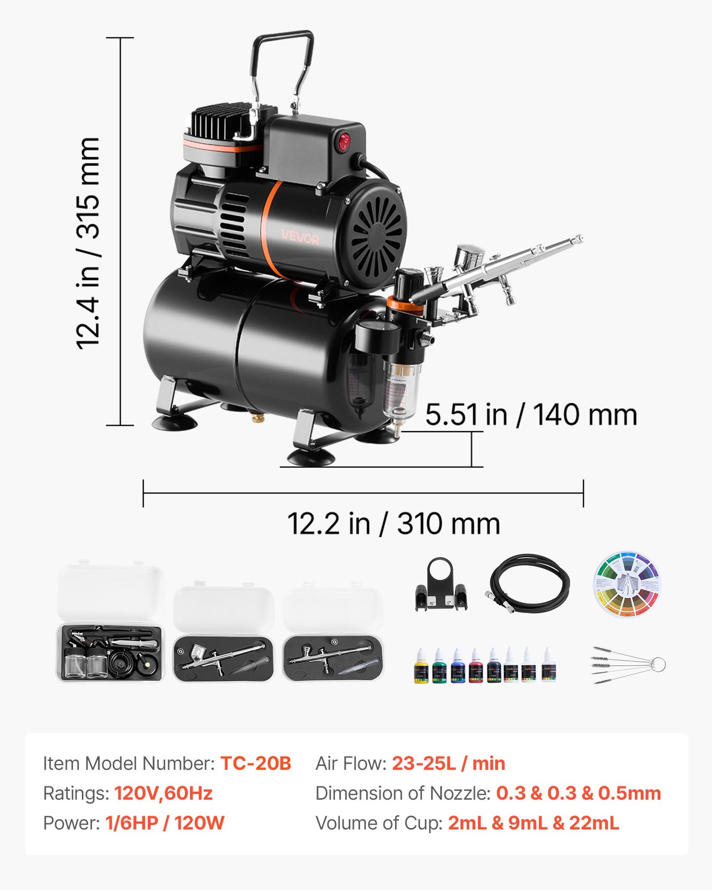 Airbrush Kit, 1/6 HP, Air Brush Kit with Air Compressor and Tank, 3 Dual-Action Professional Airbrushes with 3 Tips, Hose, Acrylic Paint, 2 Fans, for Cake Decorating, Model Painting, Nail Art