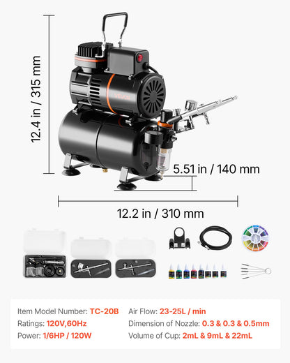 Airbrush Kit, 1/6 HP, Air Brush Kit with Air Compressor and Tank, 3 Dual-Action Professional Airbrushes with 3 Tips, Hose, Acrylic Paint, 2 Fans, for Cake Decorating, Model Painting, Nail Art
