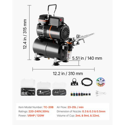Airbrush Kit Airbrush Kit 1/6 HP Air Compressor 3 Airbrushes 3 Nozzles Tank | EU