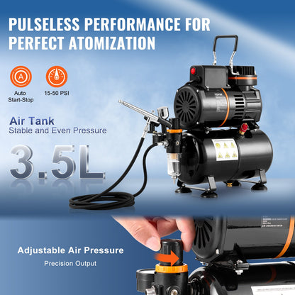 Airbrush Kit, Dual Fan Air Tank Compressor System Kit with 3.5L Air Storage Tank, Air Brush Set with 0.3 mm Tip Airbrush, Holder, Color Mixing Wheel, Cleaning Brush Set, Art Nail Cookie Tattoo