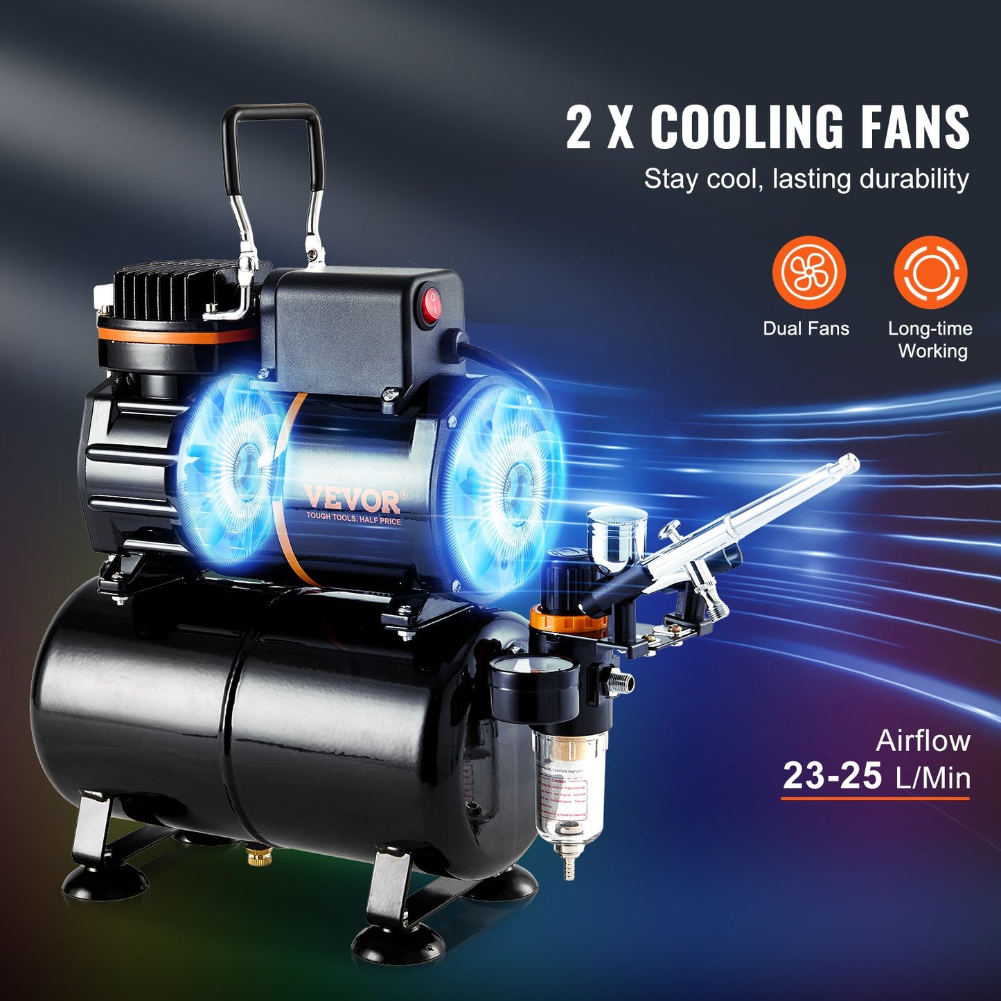 Airbrush Kit, Dual Fan Air Tank Compressor System Kit with 3.5L Air Storage Tank, Air Brush Set with 0.3 mm Tip Airbrush, Holder, Color Mixing Wheel, Cleaning Brush Set, Art Nail Cookie Tattoo