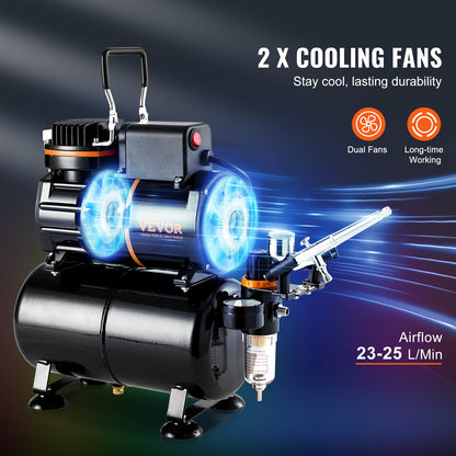 Airbrush Kit, Dual Fan Air Tank Compressor System Kit with 3.5L Air Storage Tank, Air Brush Set with 0.3 mm Tip Airbrush, Holder, Color Mixing Wheel, Cleaning Brush Set, Art Nail Cookie Tattoo