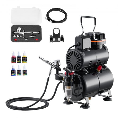 Airbrush Kit, 1/6 HP, Air Brush Kit with Air Compressor and Tank, 1 Dual-Action Professional Airbrush with 3 Tips, Acrylic Paint, Low Noise, for Cake Decorating, Model Painting, Nail Art