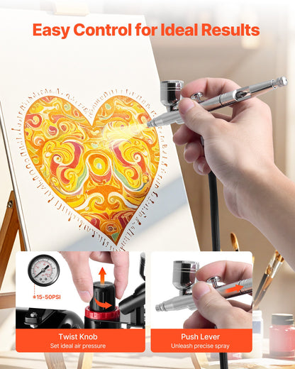 Airbrush Kit, 1/6 HP, Air Brush Kit with Air Compressor and Tank, 1 Dual-Action Professional Airbrush with 3 Tips, Acrylic Paint, Low Noise, for Cake Decorating, Model Painting, Nail Art