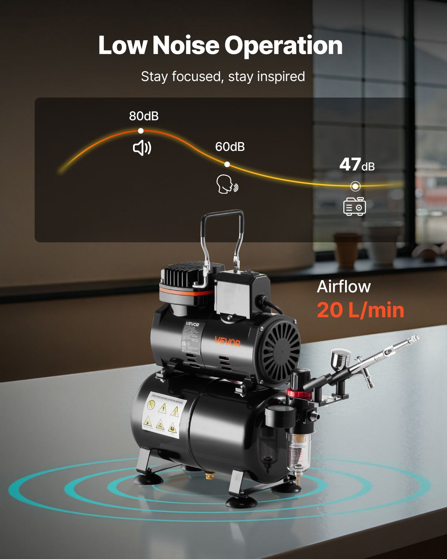 Airbrush Kit, 1/6 HP, Air Brush Kit with Air Compressor and Tank, 1 Dual-Action Professional Airbrush with 3 Tips, Acrylic Paint, Low Noise, for Cake Decorating, Model Painting, Nail Art