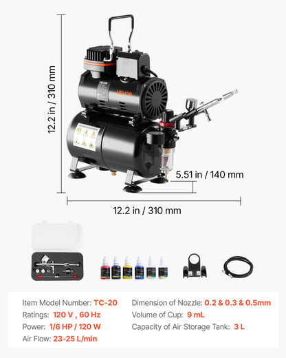 Airbrush Kit, 1/6 HP, Air Brush Kit with Air Compressor and Tank, 1 Dual-Action Professional Airbrush with 3 Tips, Acrylic Paint, Low Noise, for Cake Decorating, Model Painting, Nail Art