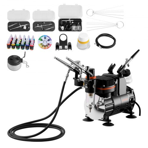 Airbrush Kit, 1/6 HP, Air Brush Kit with Air Compressor, 3 Dual-Action Professional Airbrushes with 3 Tips, Hose, Acrylic Paint, Brush, Low Noise, for Cake Decorating, Model Painting, Nail Art