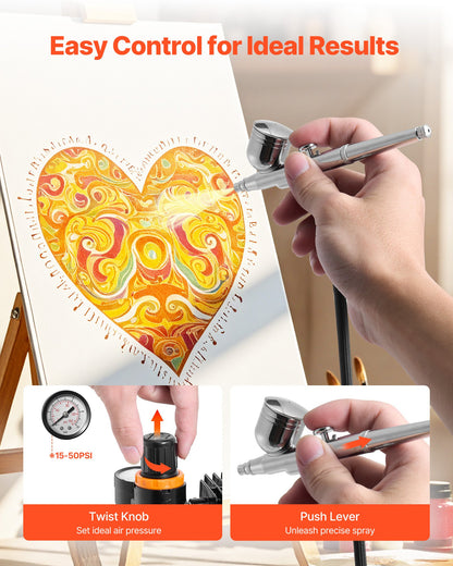 Airbrush Kit, 1/6 HP, Air Brush Kit with Air Compressor, 3 Dual-Action Professional Airbrushes with 3 Tips, Hose, Acrylic Paint, Brush, Low Noise, for Cake Decorating, Model Painting, Nail Art