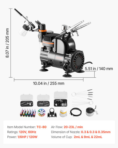 Airbrush Kit, 1/6 HP, Air Brush Kit with Air Compressor, 3 Dual-Action Professional Airbrushes with 3 Tips, Hose, Acrylic Paint, Brush, Low Noise, for Cake Decorating, Model Painting, Nail Art