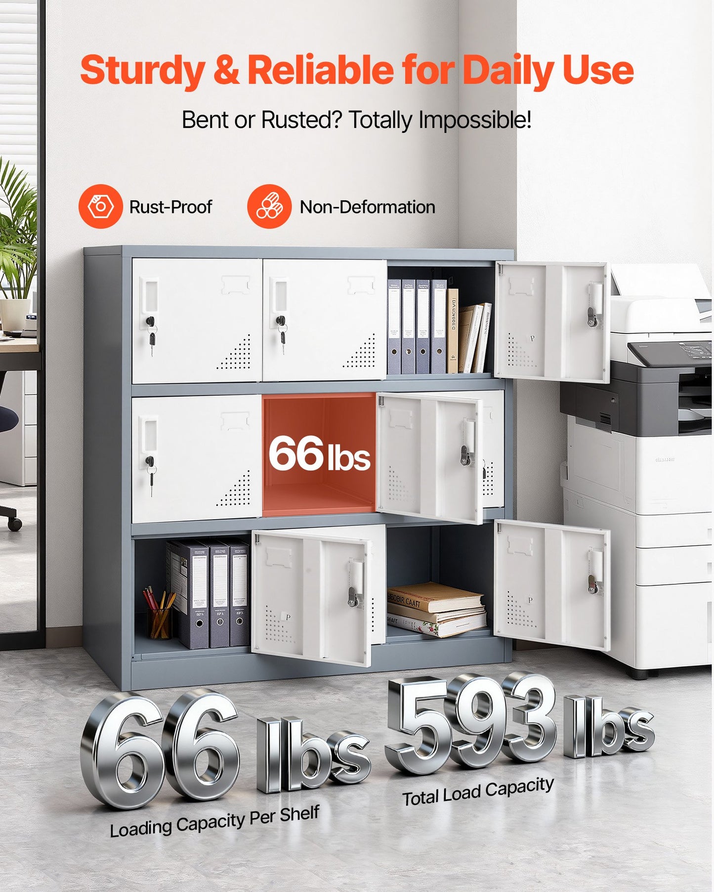 9 Doors Metal Locker, Lockable Steel Storage Cabinet, 66 lbs Loading Capacity, 2 Keys for Each Door, 3 Tiers Employee Lockers for Office, School, Gym, Easy Assembly, 35.4 x 17.7 x 37 in, Gray