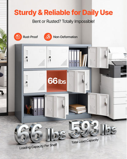 9 Doors Metal Locker, Lockable Steel Storage Cabinet, 66 lbs Loading Capacity, 2 Keys for Each Door, 3 Tiers Employee Lockers for Office, School, Gym, Easy Assembly, 35.4 x 17.7 x 37 in, Gray