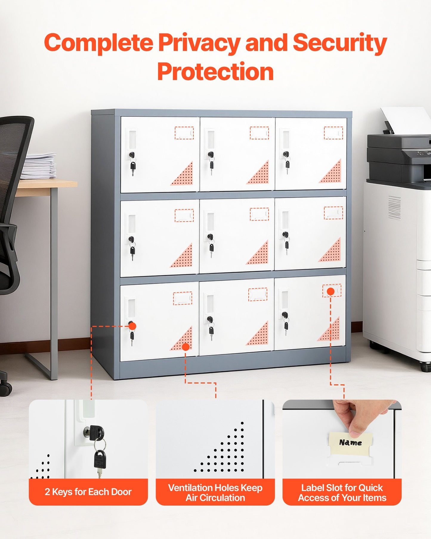 9 Doors Metal Locker, Lockable Steel Storage Cabinet, 66 lbs Loading Capacity, 2 Keys for Each Door, 3 Tiers Employee Lockers for Office, School, Gym, Easy Assembly, 35.4 x 17.7 x 37 in, Gray