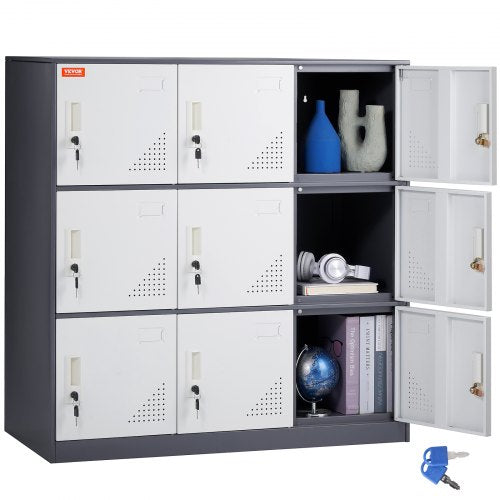 Metal Locker for Employees, 9 Doors Storage Cabinet with Card Slot, Gray Steel Employee Lockers with Keys, 66lbs Loading Capacity office Storage Lockers for Home, School, Office, Gym