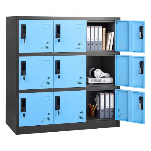 9 Doors Metal Locker, Lockable Steel Storage Cabinet, 66 lbs Loading Capacity, 2 Keys for Each Door, 3 Tiers Employee Lockers for Office, School, Gym, Easy Assembly, 35.4 x 17.7 x 37 in, Black