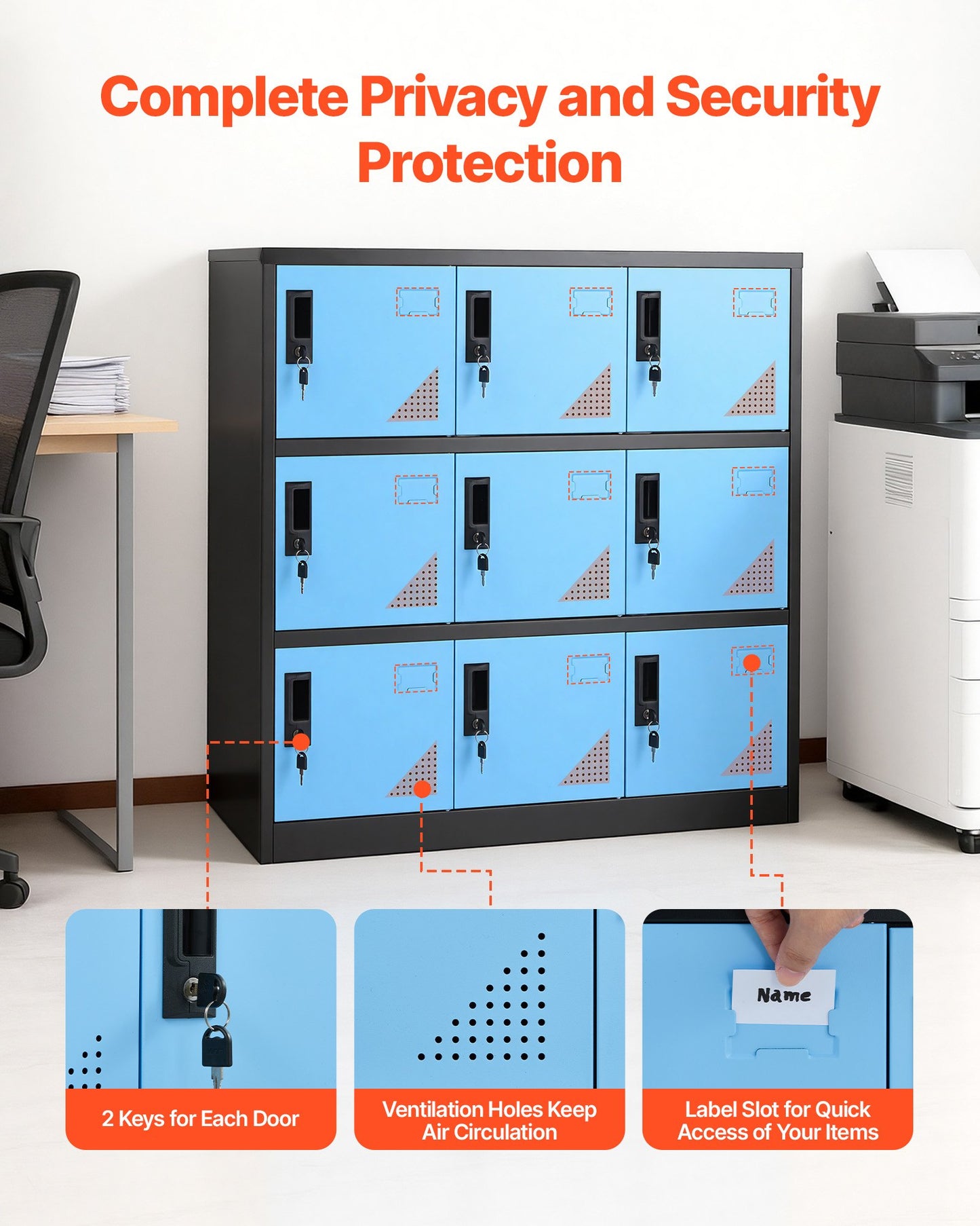 9 Doors Metal Locker, Lockable Steel Storage Cabinet, 66 lbs Loading Capacity, 2 Keys for Each Door, 3 Tiers Employee Lockers for Office, School, Gym, Easy Assembly, 35.4 x 17.7 x 37 in, Black