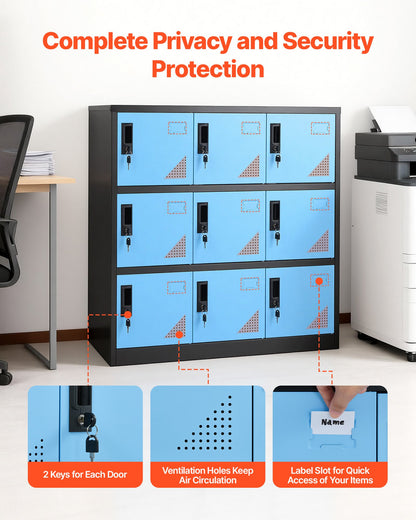 9 Doors Metal Locker, Lockable Steel Storage Cabinet, 66 lbs Loading Capacity, 2 Keys for Each Door, 3 Tiers Employee Lockers for Office, School, Gym, Easy Assembly, 35.4 x 17.7 x 37 in, Black
