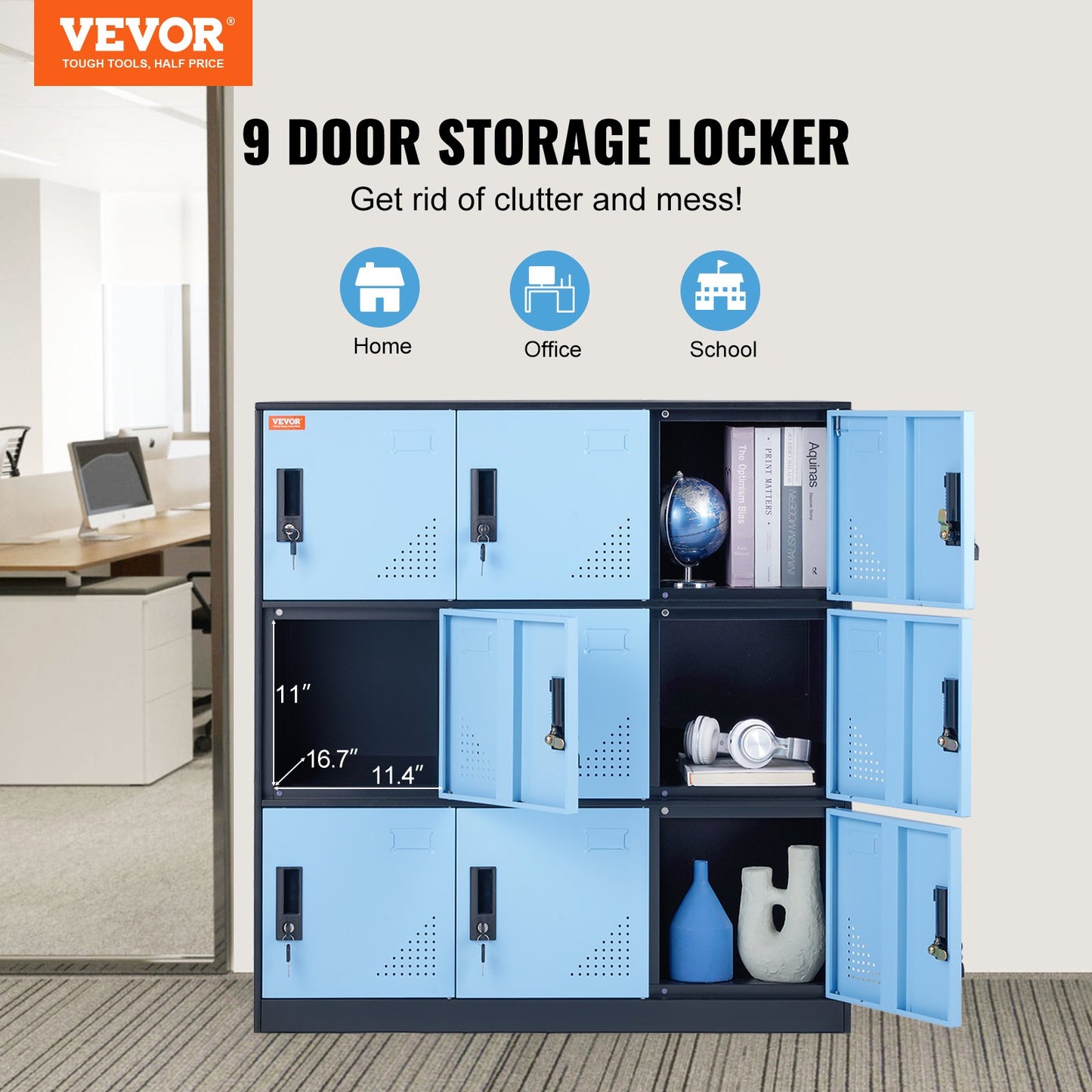 Metal Locker for Employees, 9 Doors Storage Cabinet with Card Slot, Employee Lockers with Keys, 66lbs Loading Capacity office Storage Lockers for Home, School, Office, Gym, Black