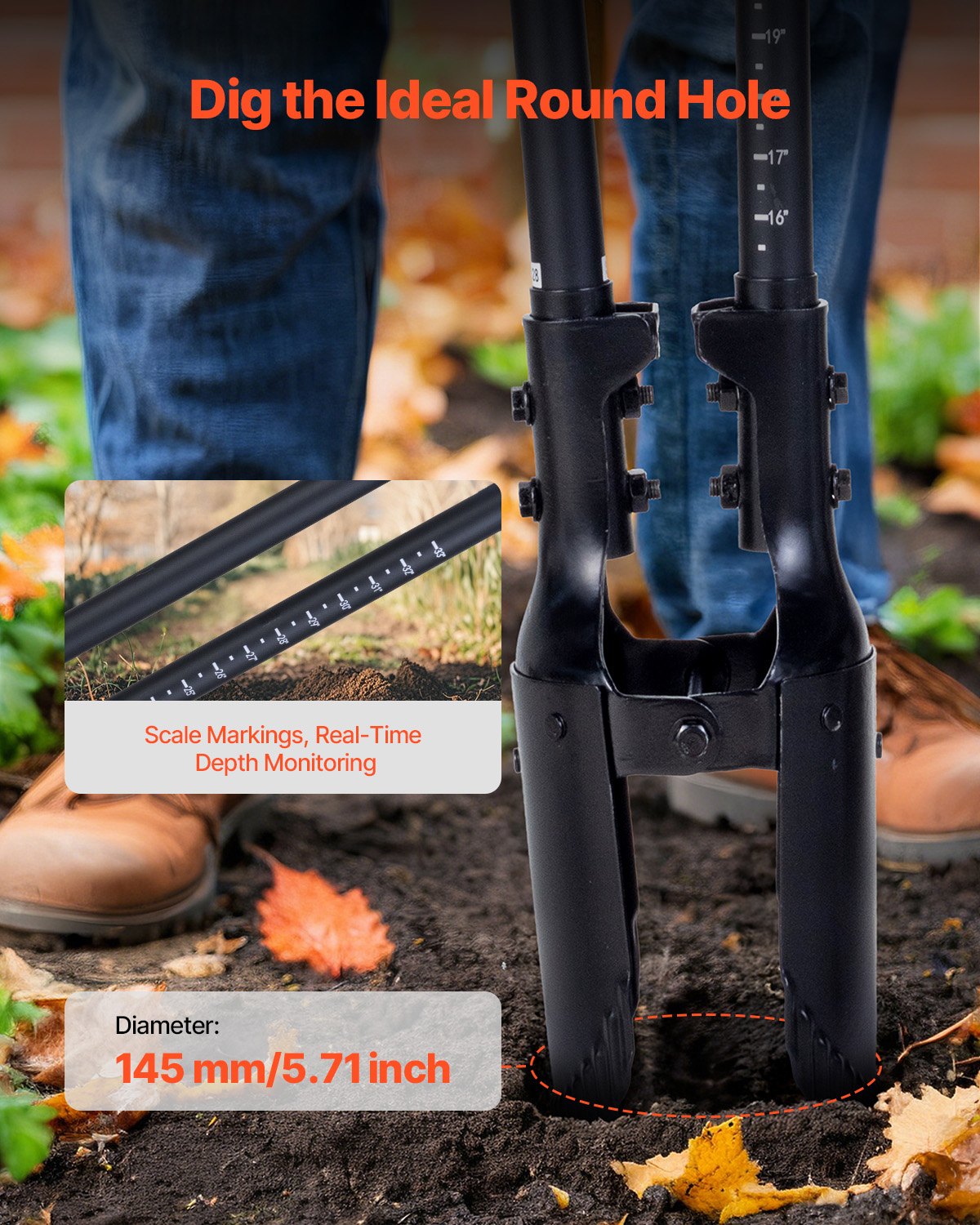 Post Hole Digger, Heavy Duty Post Hole Digger with Fiberglass Handle, Manual Hole Digger with Scale Markings and Metal Blade, Post Hole Digger Tool for Digging Gardening and Outdoors, 57.5-Inch