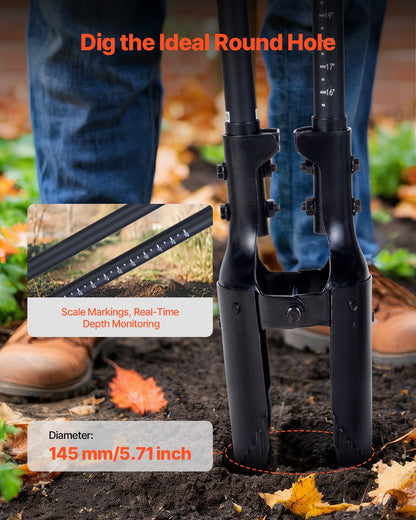 Post Hole Digger, Heavy Duty Post Hole Digger with Fiberglass Handle, Manual Hole Digger with Scale Markings and Metal Blade, Post Hole Digger Tool for Digging Gardening and Outdoors, 57.5-Inch