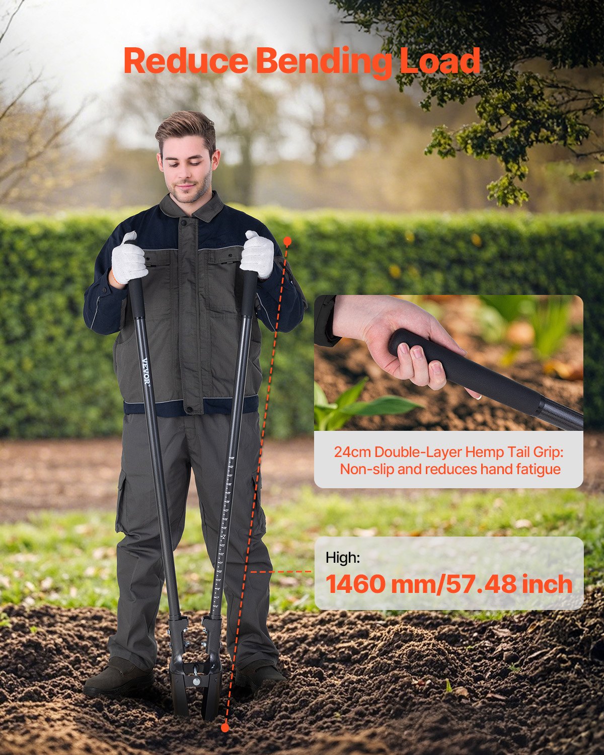 Post Hole Digger, Heavy Duty Post Hole Digger with Carbon Steel Handle, Manual Hole Digger with Scale Markings and Metal Blade, Post Hole Digger Tool for Digging Gardening Outdoors, 57.5-Inch