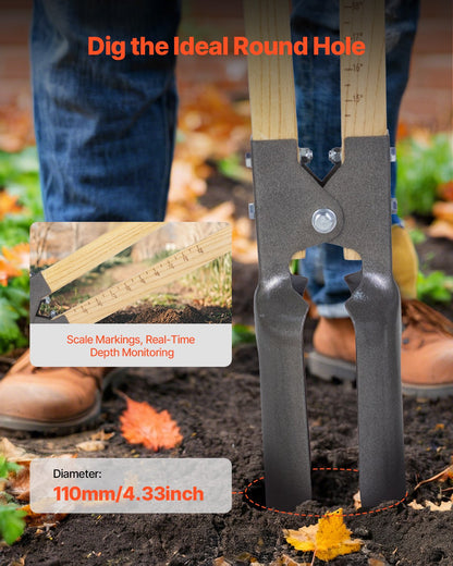 Post Hole Digger, Heavy Duty Post Hole Digger with Wood Handle, Manual Hole Digger with Scale Markings and Metal Blade, Post Hole Digger Tool for Digging Yard Work Gardening Outdoors, 57.5-Inch