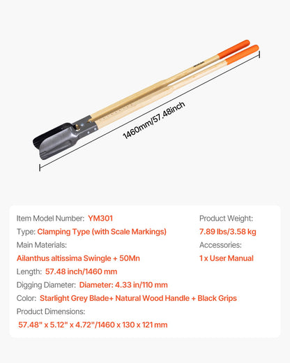 Post Hole Digger, Heavy Duty Post Hole Digger with Wood Handle, Manual Hole Digger with Scale Markings and Metal Blade, Post Hole Digger Tool for Digging Yard Work Gardening Outdoors, 57.5-Inch