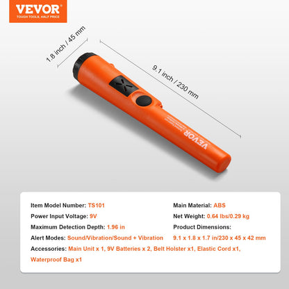 Metal Detector Pinpointer, Partial Waterproof Handheld Pin Pointer Wand, 1.96" Detection Depth, 3 Modes, Treasure Hunting Probe with Holster, Waterproof Bag and 9V Battery, for Adults and Kids