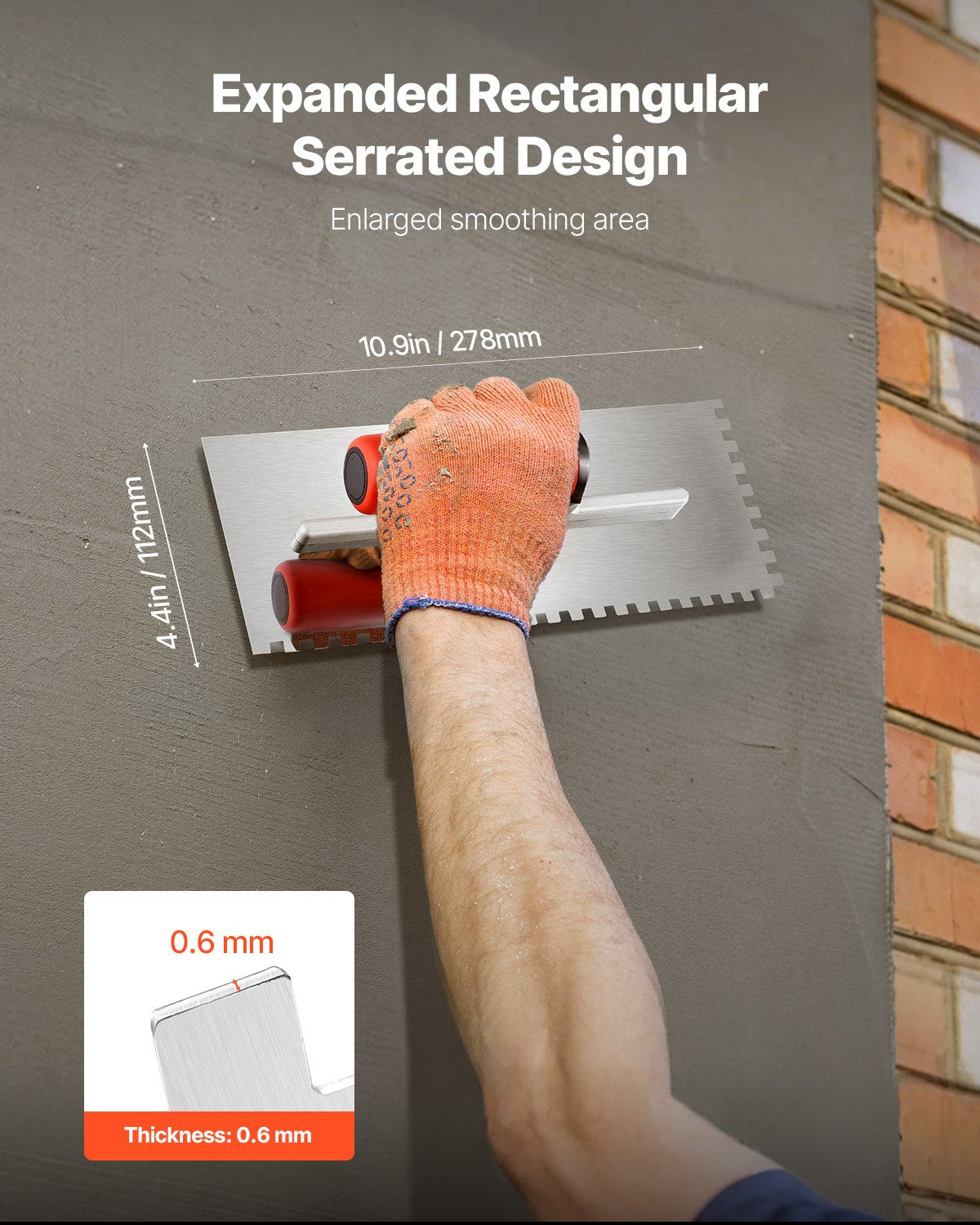 Tile Tools, Stainless Steel Squared Notch Tile and Flooring Trowel, 10.9 x 4.4 in Pro Grade Drywall Tool, Ergonomic Rubber Grip Comfort Handle, for Apply, Spread, Flatten, Smooth, Polish