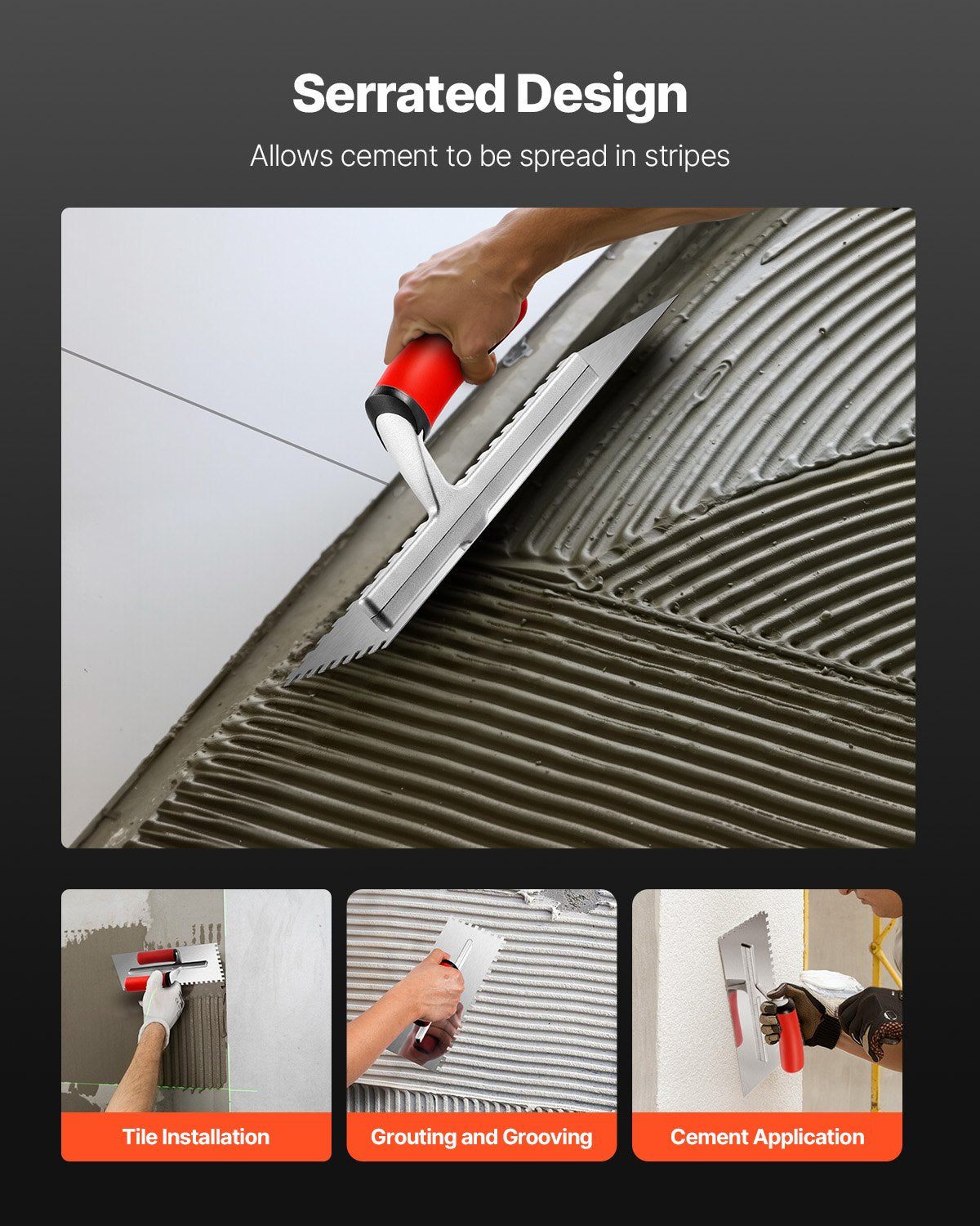 Tile Tools, Stainless Steel Squared Notch Tile and Flooring Trowel, 10.9 x 4.4 in Pro Grade Drywall Tool, Ergonomic Rubber Grip Comfort Handle, for Apply, Spread, Flatten, Smooth, Polish