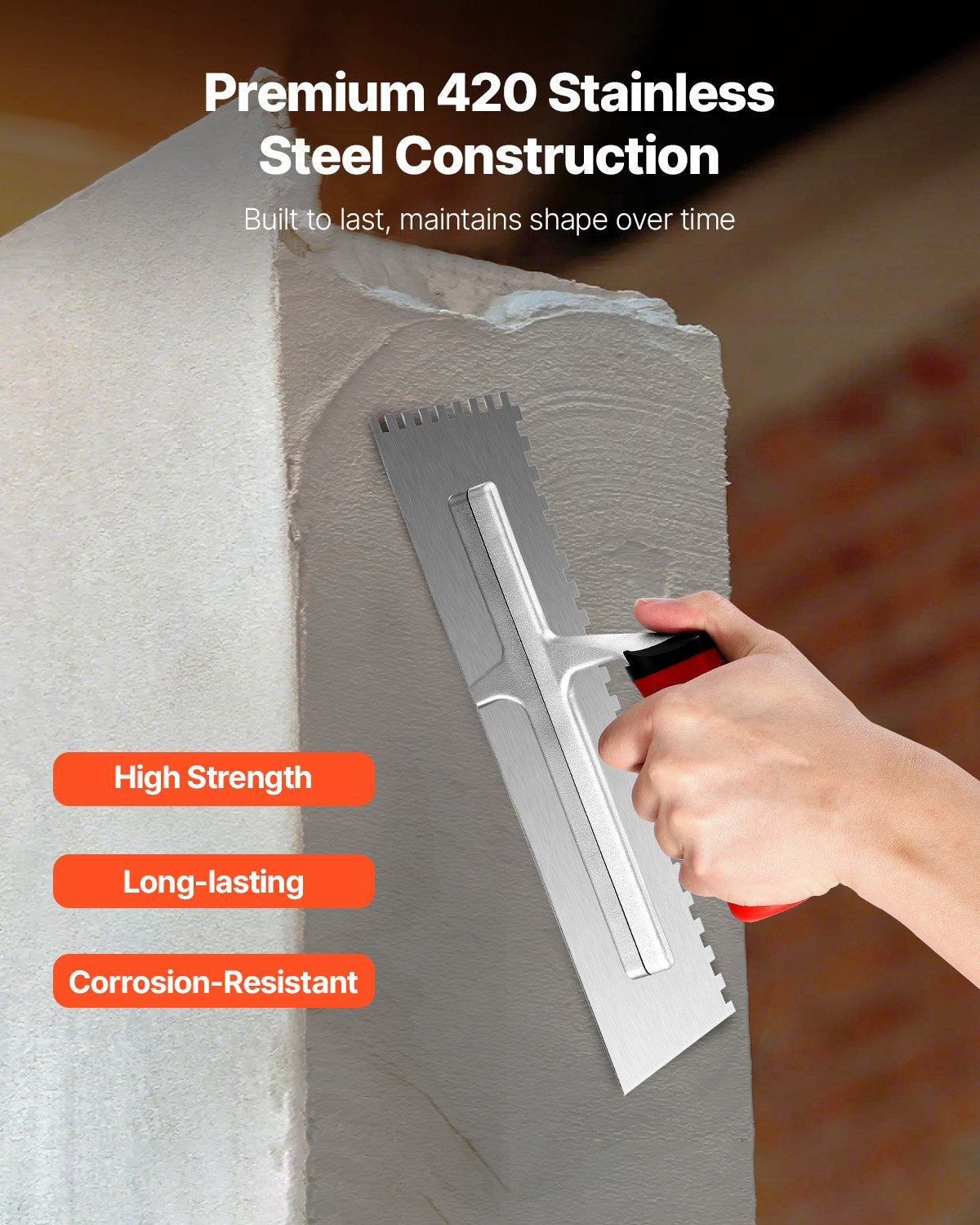 Tile Tools, Stainless Steel Squared Notch Tile and Flooring Trowel, 10.9 x 4.4 in Pro Grade Drywall Tool, Ergonomic Rubber Grip Comfort Handle, for Apply, Spread, Flatten, Smooth, Polish